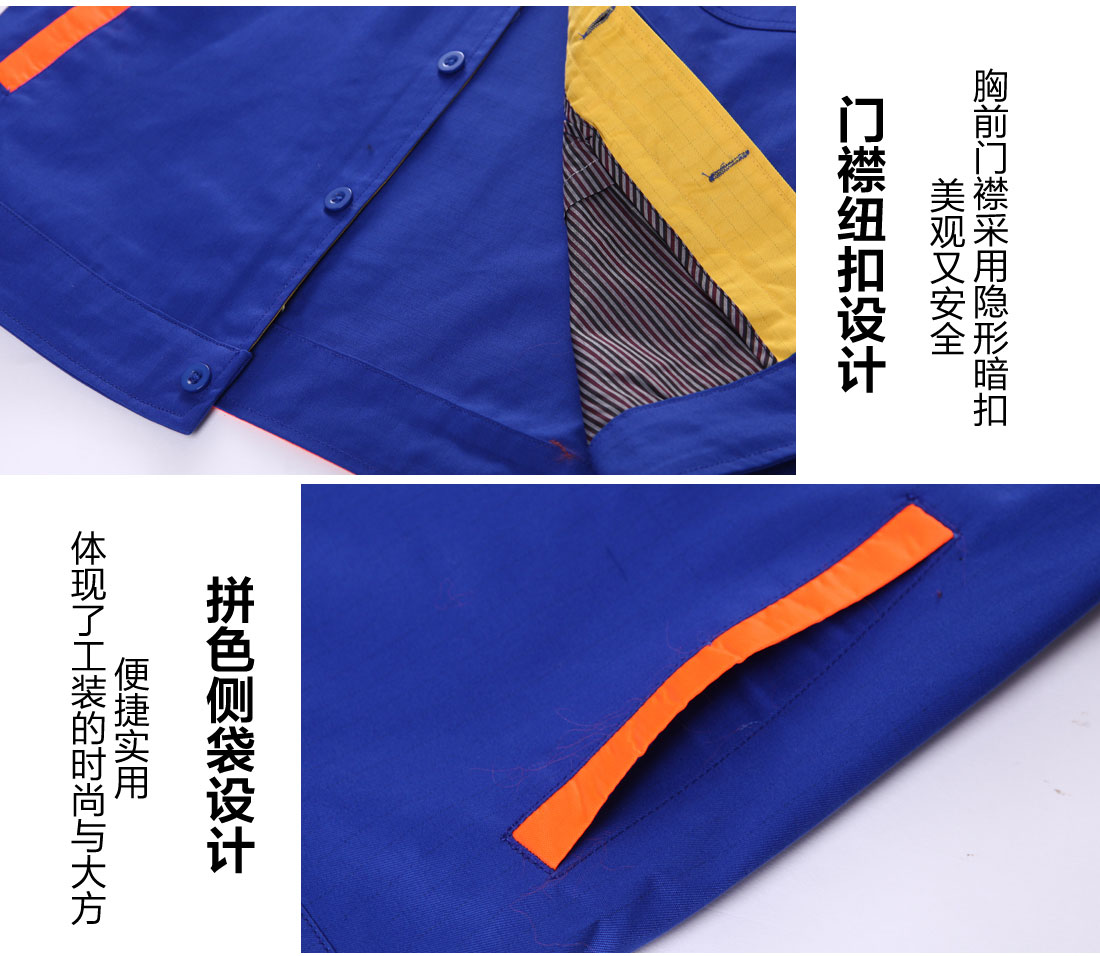 中藍(lán)拼黃色工作服款式細(xì)節(jié)